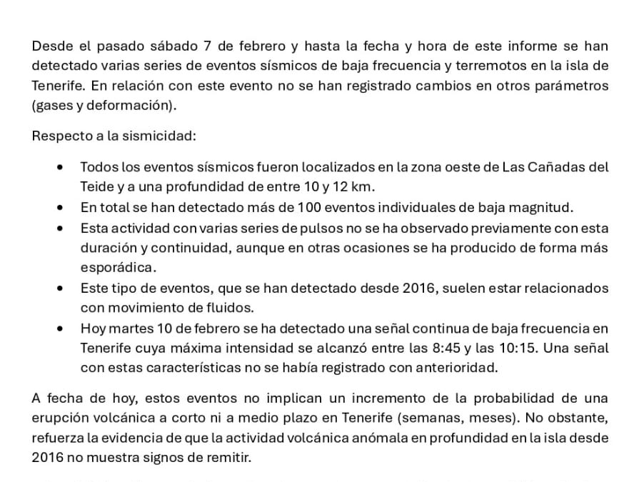 INFORME DEL COMITÉ CIENTÍFICO DEL PEVOLCA RELATIVO A LA CONVOCATORIA EXTRAORDINARIA CELEBRADA HOY 10 DE FEBRERO DE 2026
